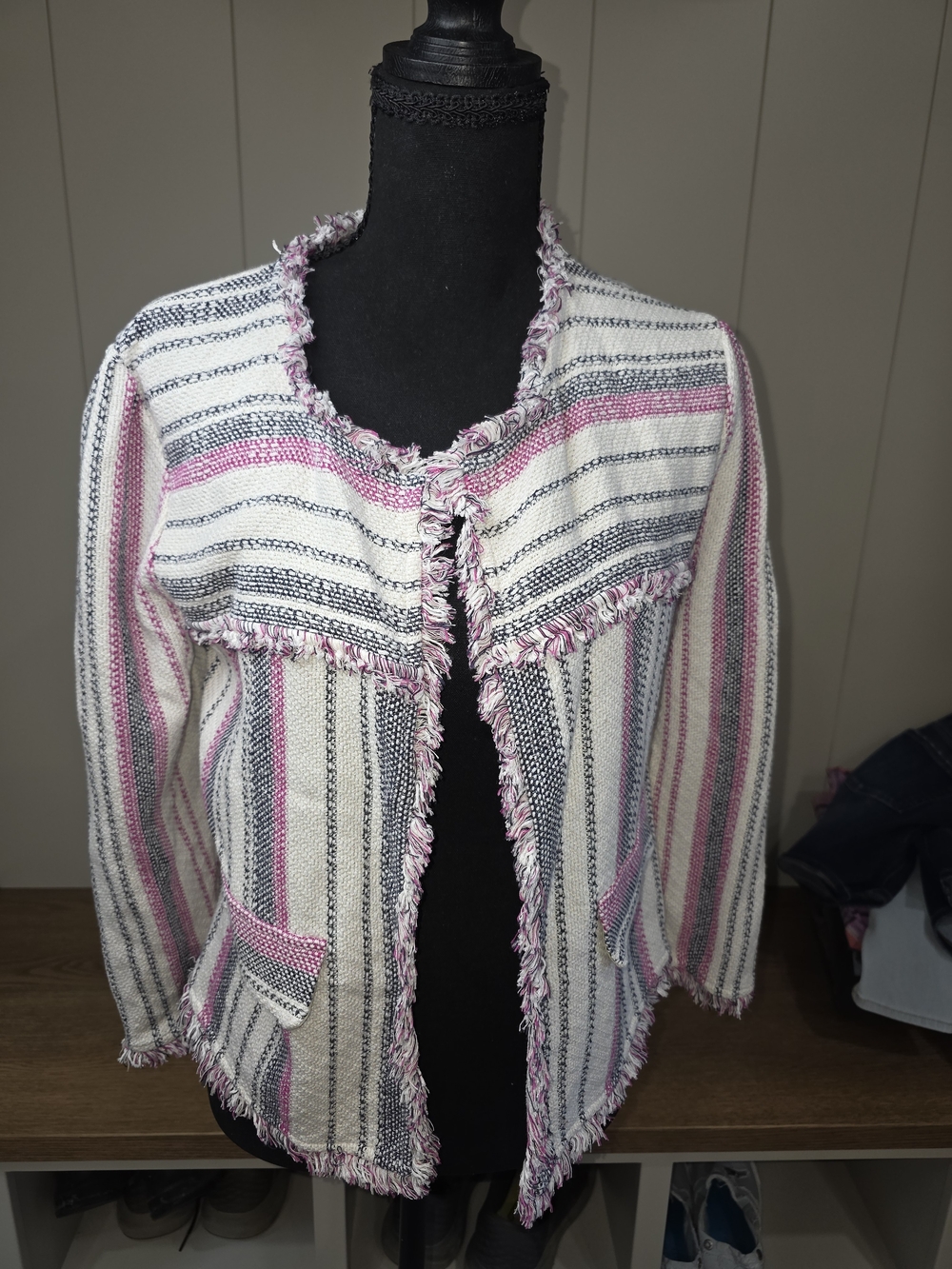 NIC+ZOE Striped Fringe Open-Front Cardigan — Pink, Navy & Cream